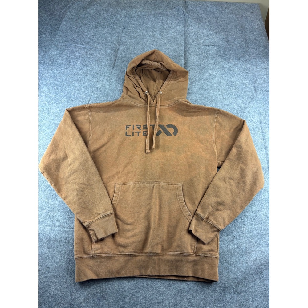 First Lite Logo Hoodie Mens M Brown Cotton Pullover Sweatshirt Thrashed Workwear